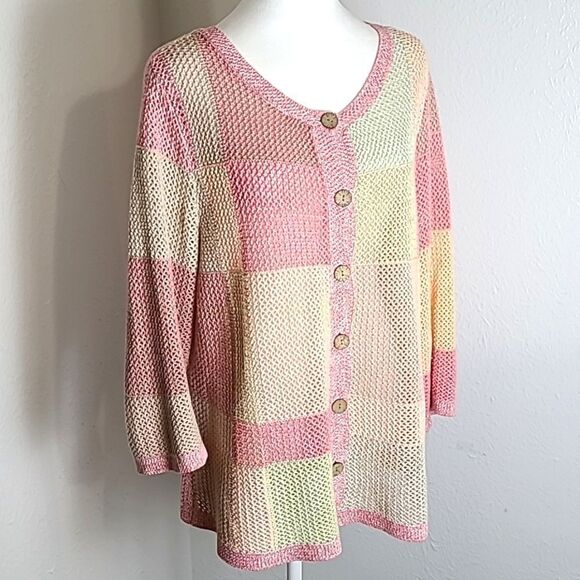 CJ Banks  Pastel Open-Knit Buttondown Sweater, Shades of Pink, Peach,Size X, 14W - Picture 2 of 9